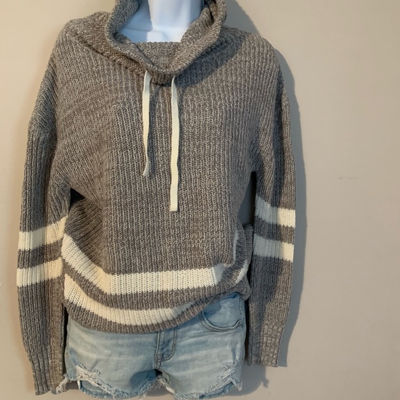 Sweaters - Grey pullover draw string cowl neck knit sweater